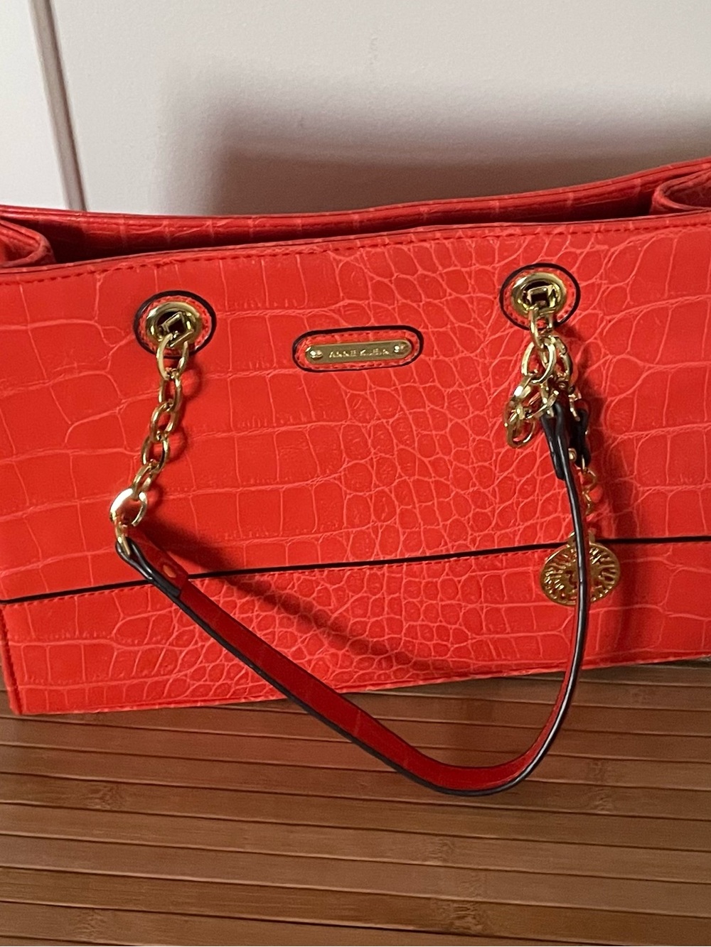 Anne Klein Reddish Orange/Coral Croc-Embossed Shoulder Tote with Gold Hardware